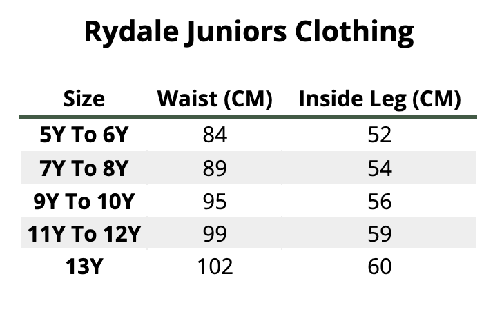 2025 Rydale Junior Clothing  Size Chart